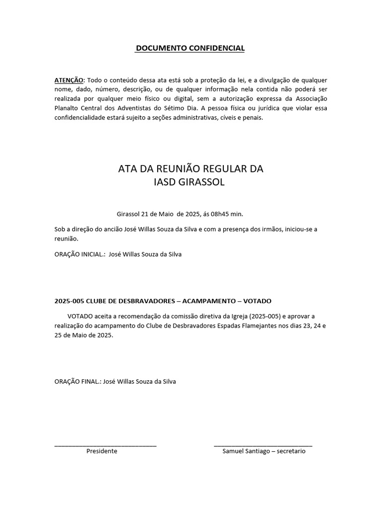 Ata da Reunião IASD Girassol | PDF