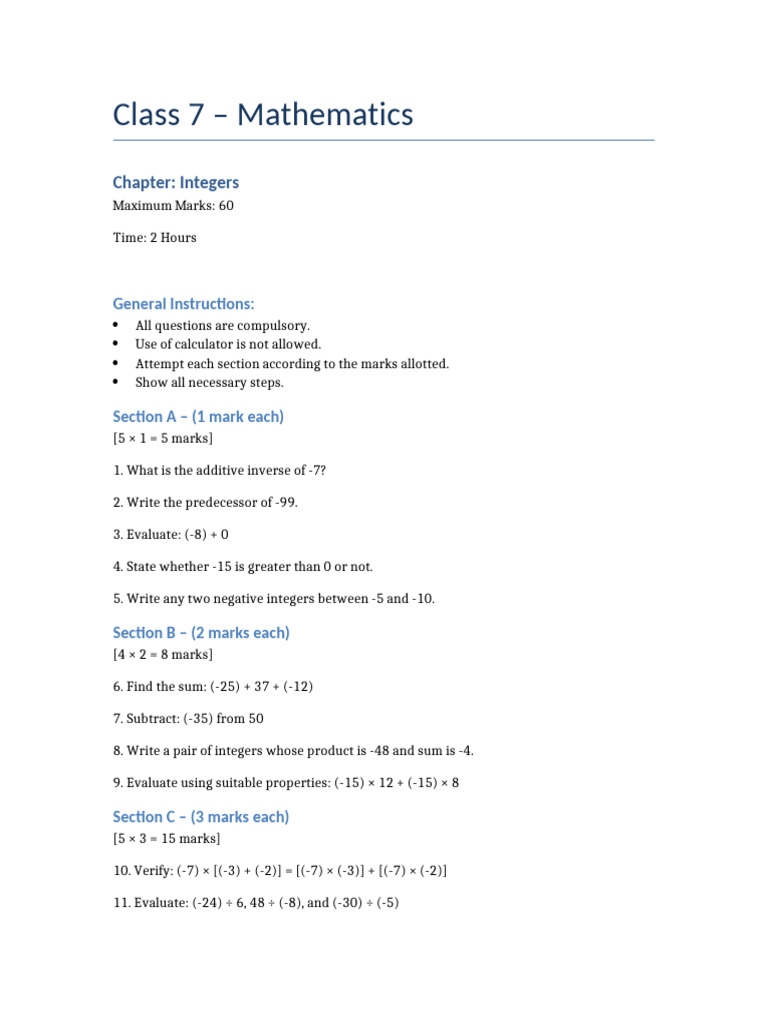 Class 7 Integers Test Paper | PDF