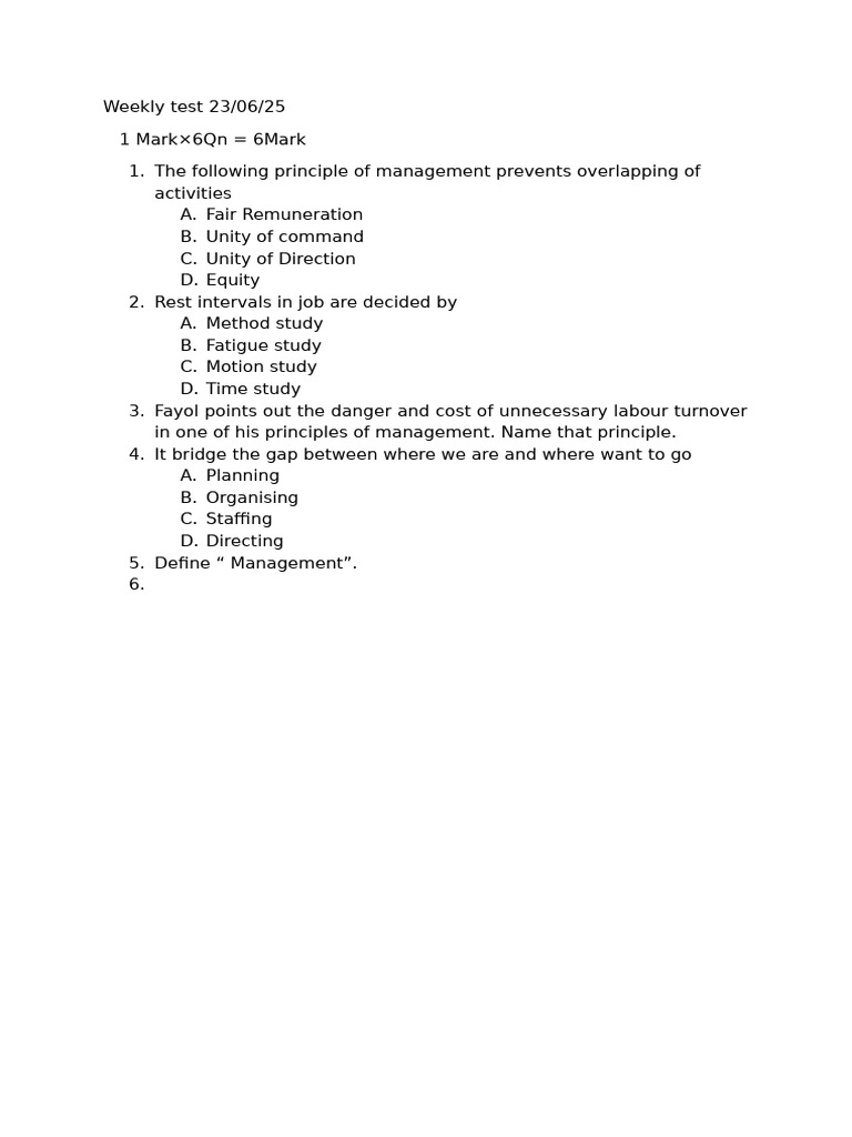 Weekly Management Principles Test | PDF