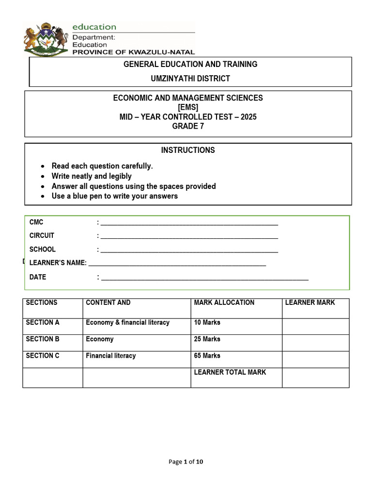Grade 7 EMS Term 4 Exam Paper 2025 | PDF | Cost Of Living | Expense