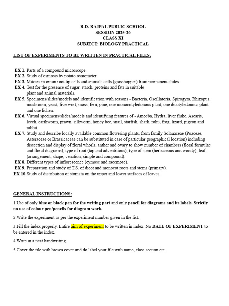 Class 11 Biology Practical Manual 2025-26 | PDF