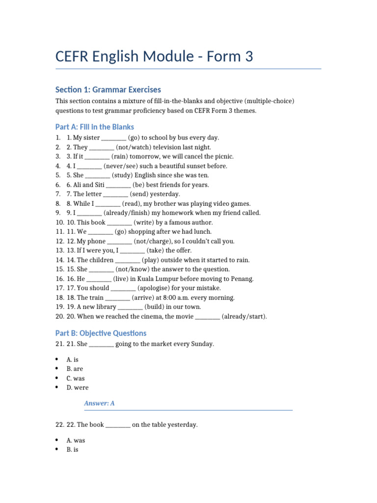 CEFR Form 3 Grammar 40Q With Answers | PDF | Reading Comprehension ...