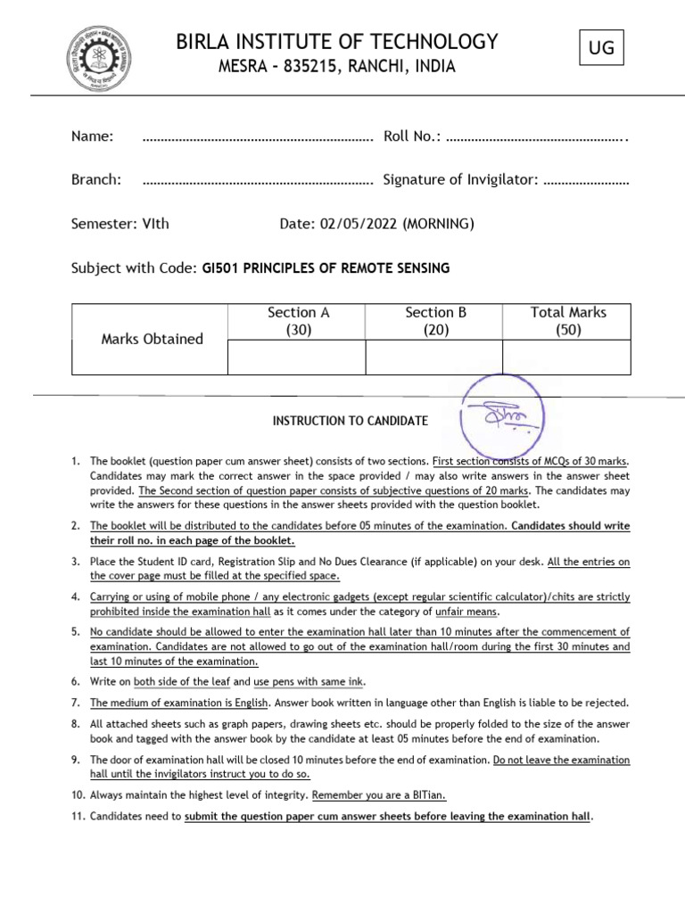 Remote Sensing Exam Paper - BIT Mesra | PDF | Satellite Imagery ...