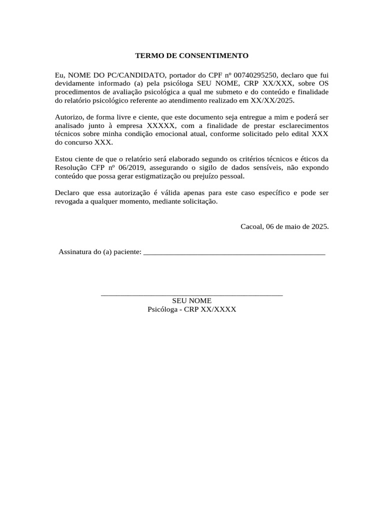 Termo de Consentimento Psicológico | PDF