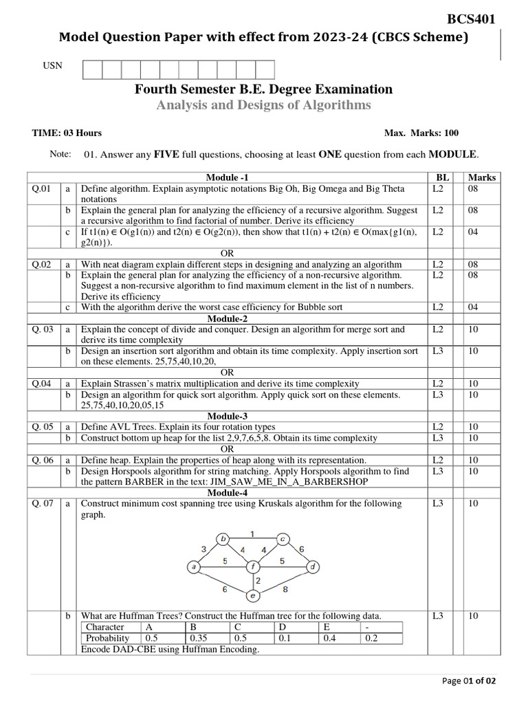 BCS401 Model Question Paper 2023-24 | PDF | Combinatorics | Theoretical ...