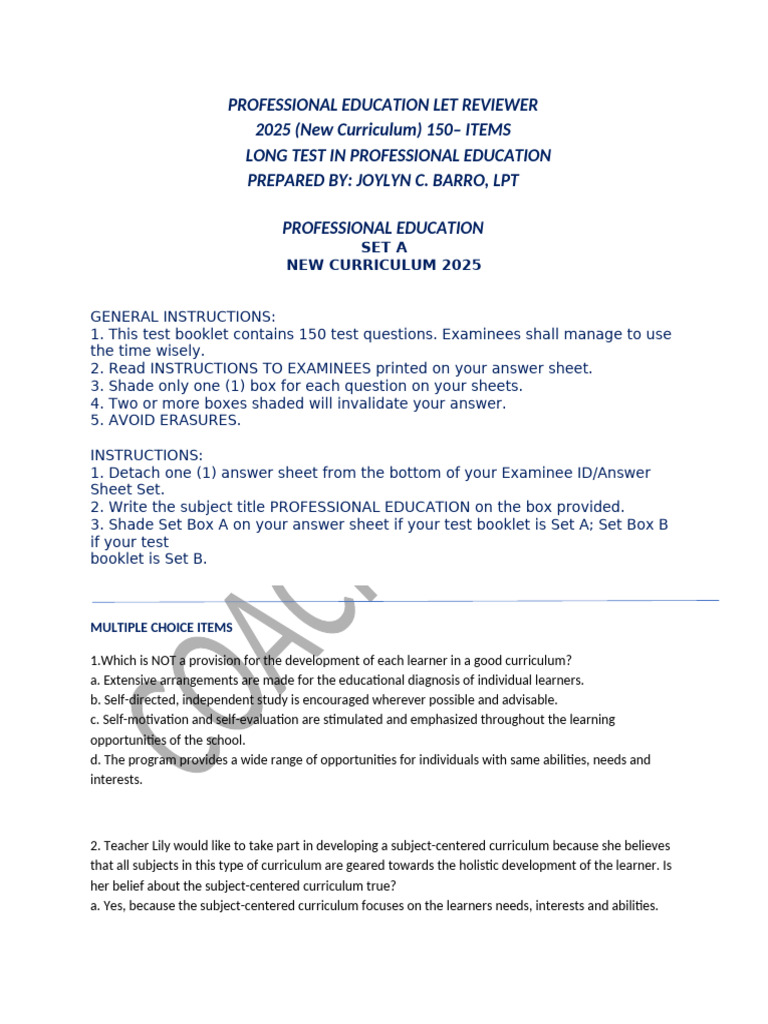 2025 Professional Education LET Reviewer | PDF | Curriculum | Learning