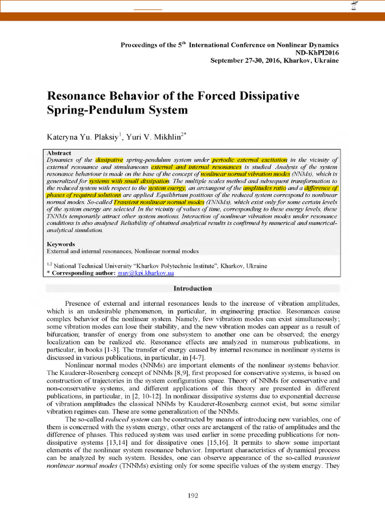 Resonance in Dissipative Spring-Pendulum System | PDF | Resonance | System