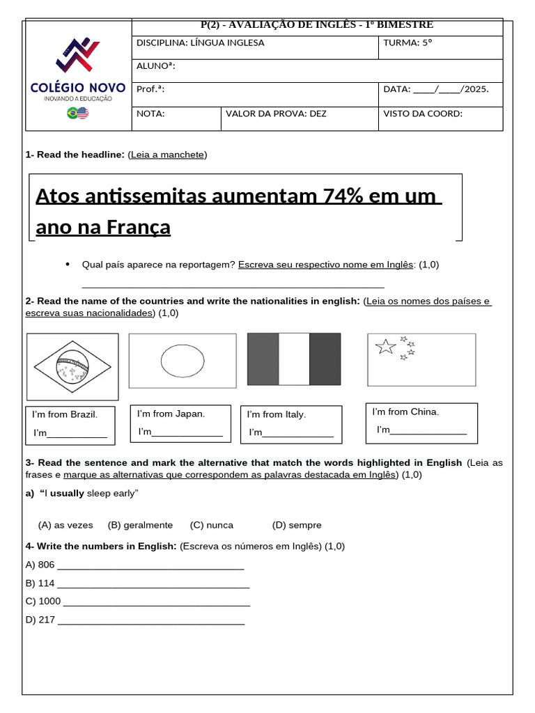Avaliação de Inglês - 5º Ano | PDF