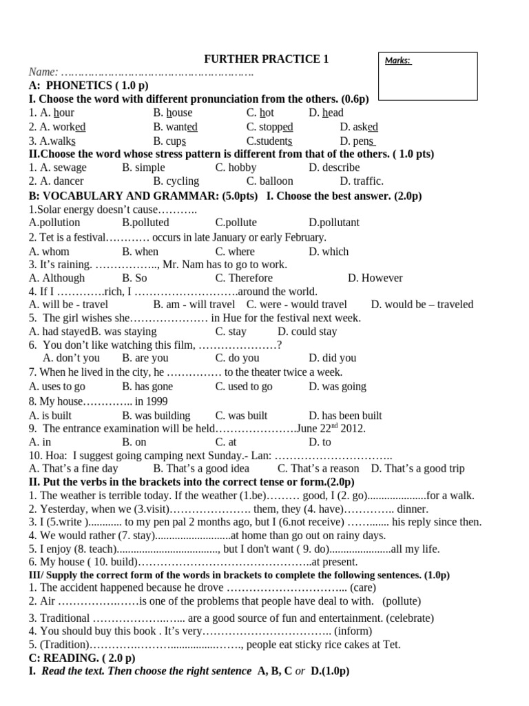Phonetics and Grammar Practice Test | PDF | Supermarket | Anger