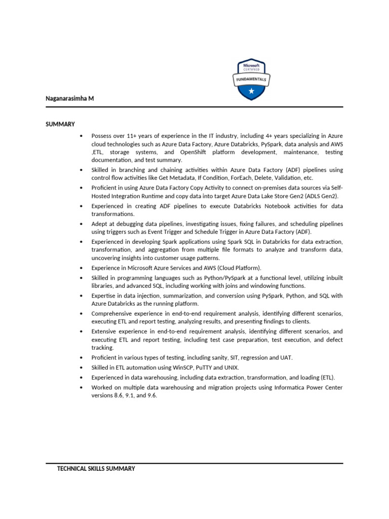 Naganarasimha M: Azure Data Engineer Profile | PDF | Microsoft Azure ...