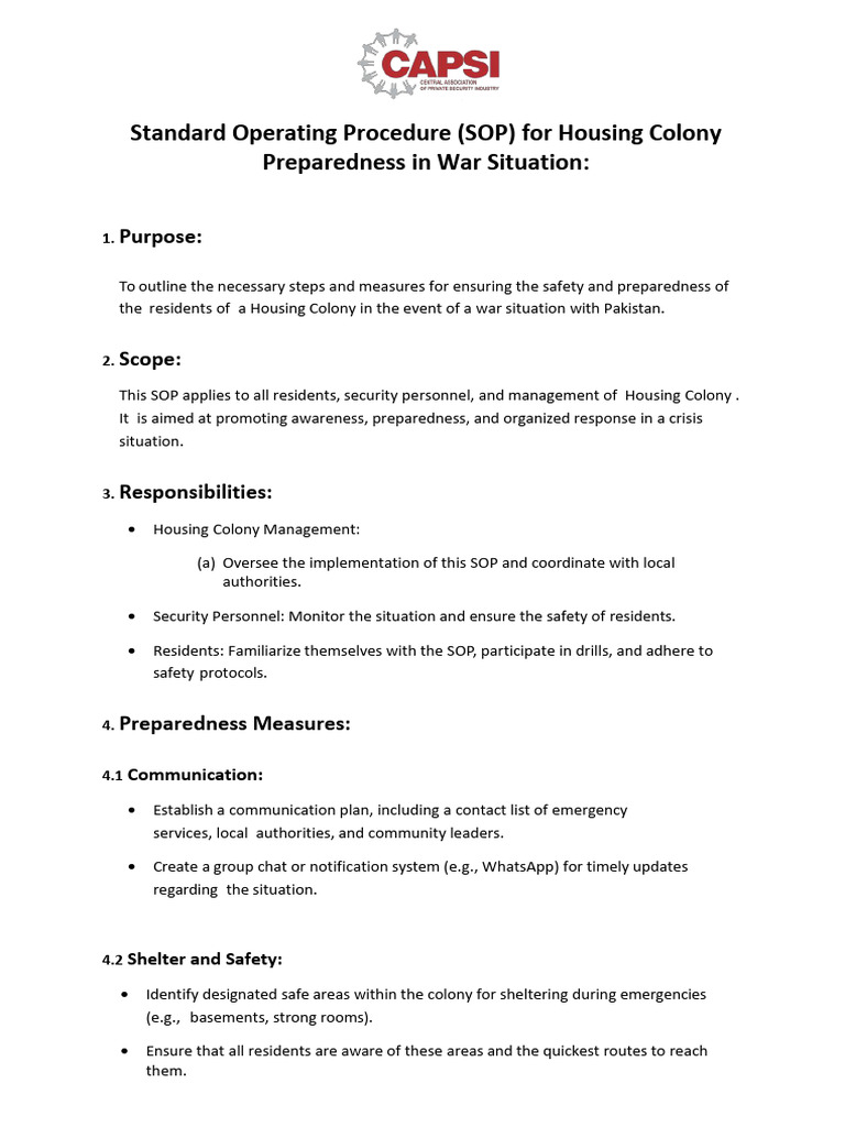 Housing Colony War Preparedness SOP | PDF | Emergency Management ...