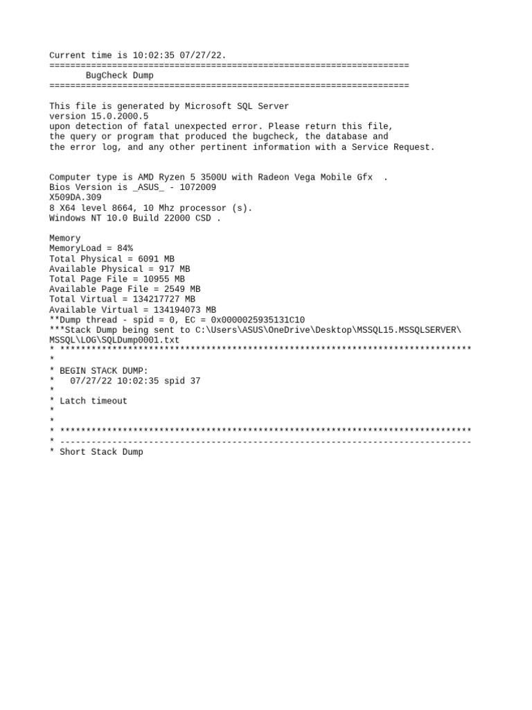 SQL Server BugCheck Dump Report | PDF