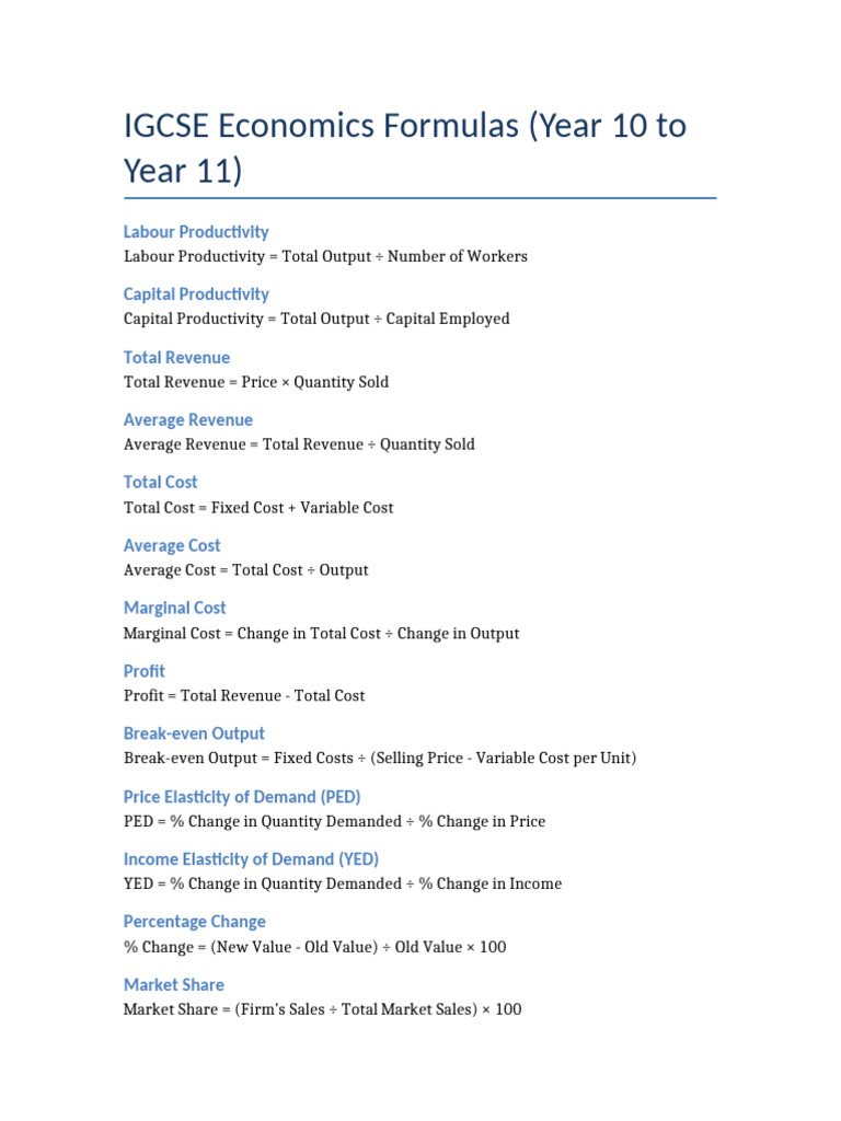 Complete Economics Formulas Y10 Y11 | PDF