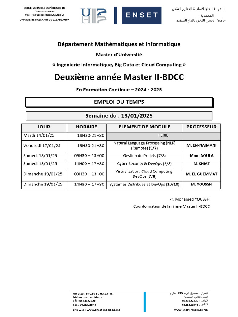 Emploi du temps Master II-BDCC 2025 | PDF | Informatique | Informatique