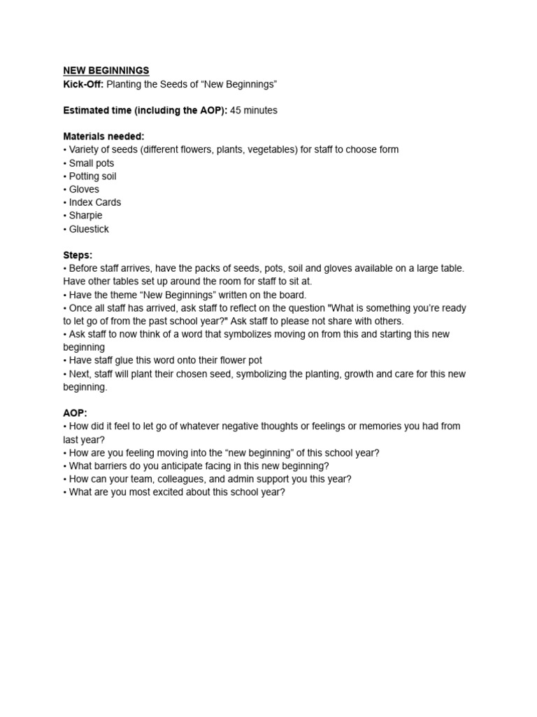 New Beginnings: Staff Reflection Activity | PDF