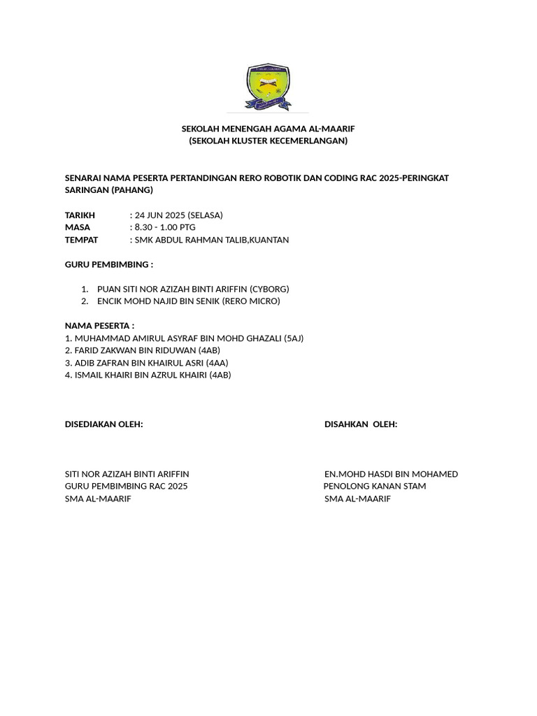 Peserta Rero Robotik RAC 2025 Pahang | PDF