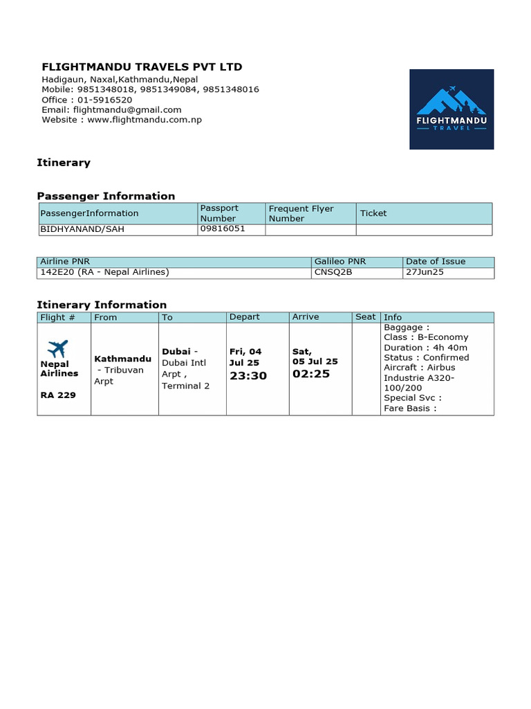 RA 229 Flight Status: Confirmed Itinerary | PDF