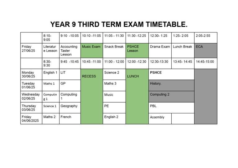 Grade 9 Term 3 Exam Timetable 2025 | PDF