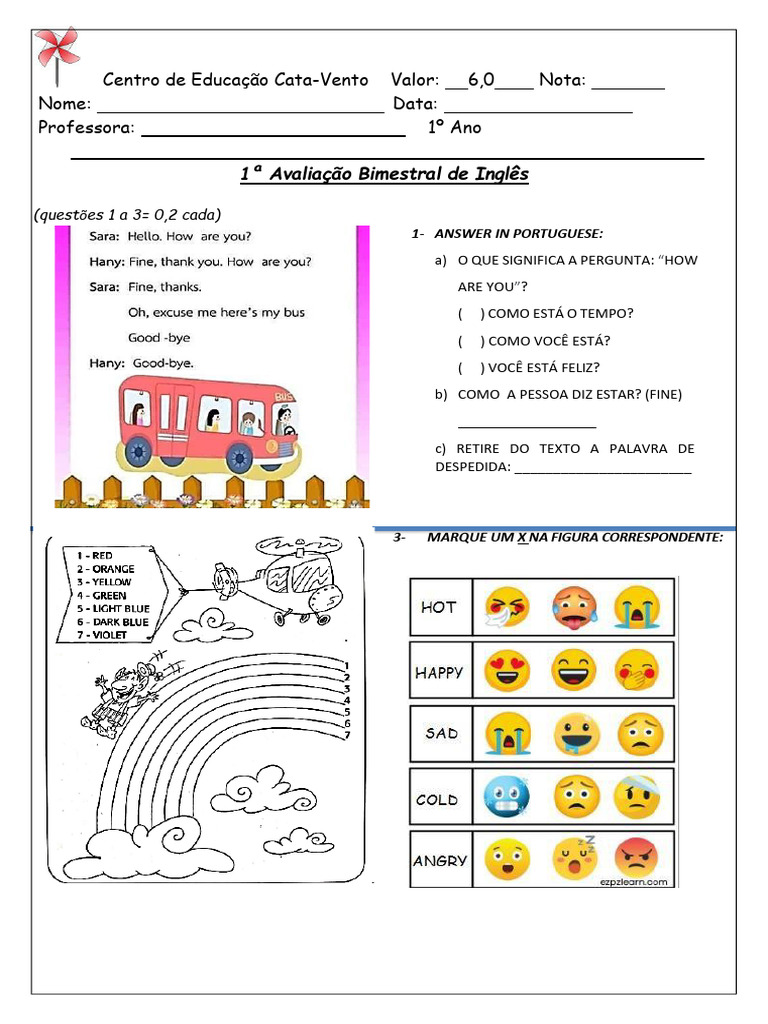Avaliação de Inglês 1º Ano Cata-Vento | PDF