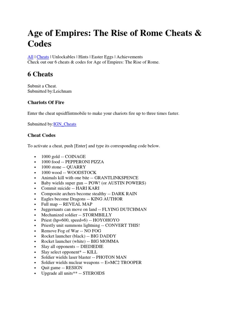 Age of Empires ICheat Codes Leisure Unrest