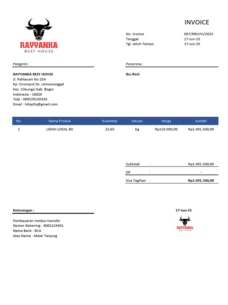 Contoh Invoice Penjualan Beef House | PDF
