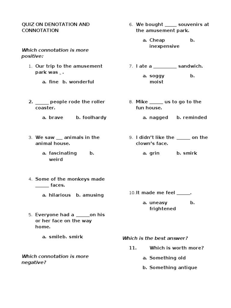 Quiz On Denotation and Connotation  PDF With Denotation And Connotation Worksheet