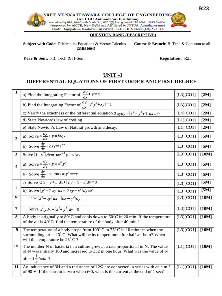 R23 Differential Equations Question Bank | PDF | Mathematical Objects ...