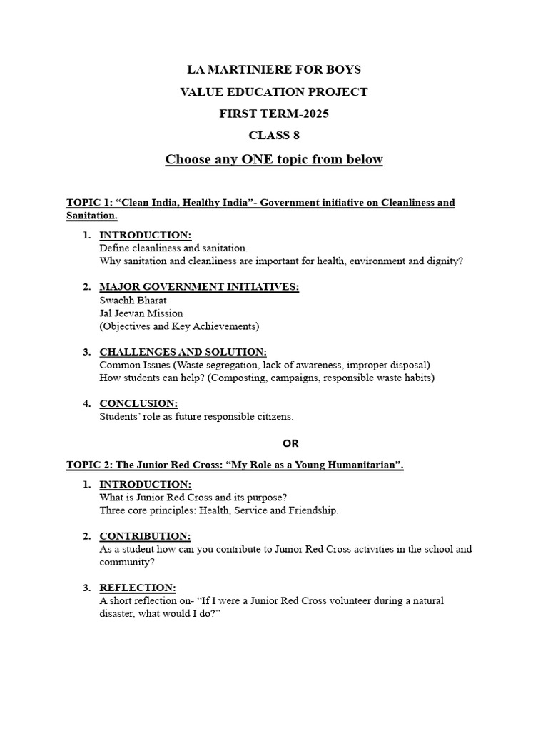 Class 8 Value Education Project Guidelines | PDF
