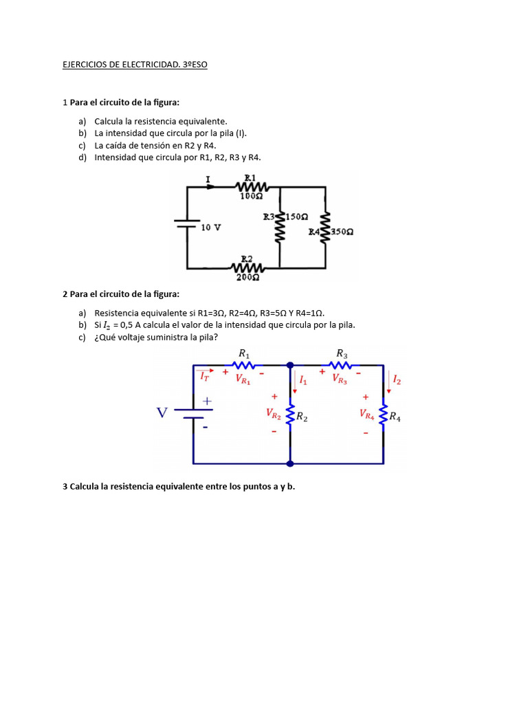 Ejercicios de Electricidad 3º ESO | PDF | Resistencia Eléctrica y ...