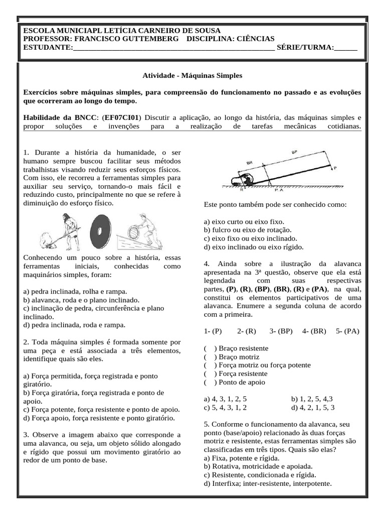 Exercícios sobre Máquinas Simples | PDF | Engrenagem | Roda