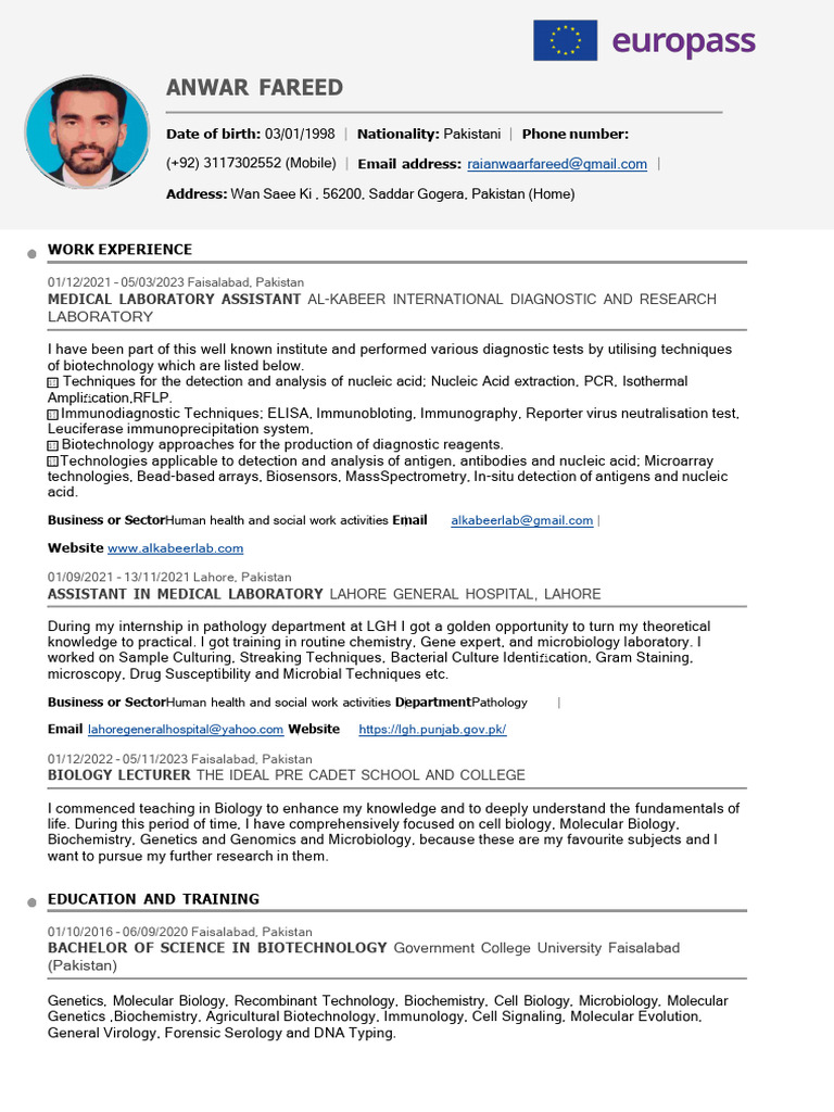 Anwar Fareed Resume | PDF | Polymerase Chain Reaction | Molecular Biology