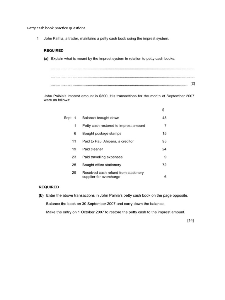 Petty Cash Book Practice Questions | PDF