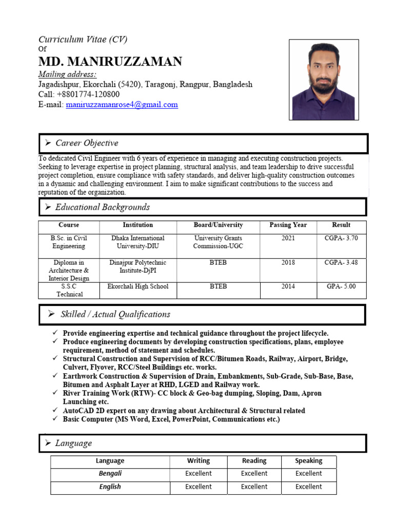 Civil Engineer CV - Maniruzzaman | PDF | Specification (Technical ...