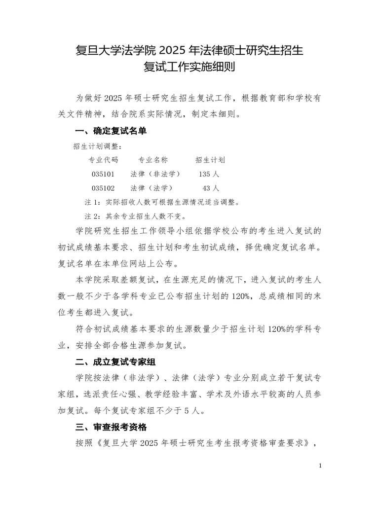 复旦大学法学院2025年法律硕士研究生招生复试工作实施细则 | PDF