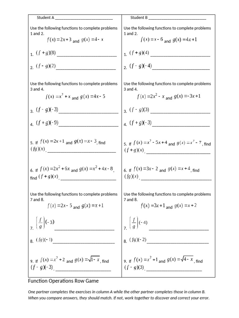 Function Operations Practice Worksheet | PDF