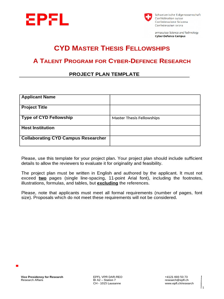 Project Plan Template - CYD Master Thesis Fellowships - Stage 2 | PDF