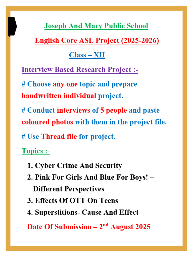 ASL Project Guidelines for Class XII | PDF