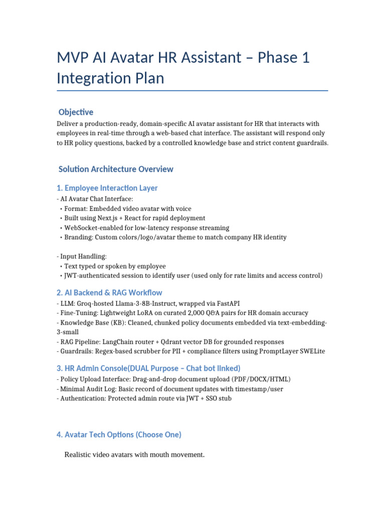 AI Avatar HR Assistant Integration Plan | PDF | Software | Computing