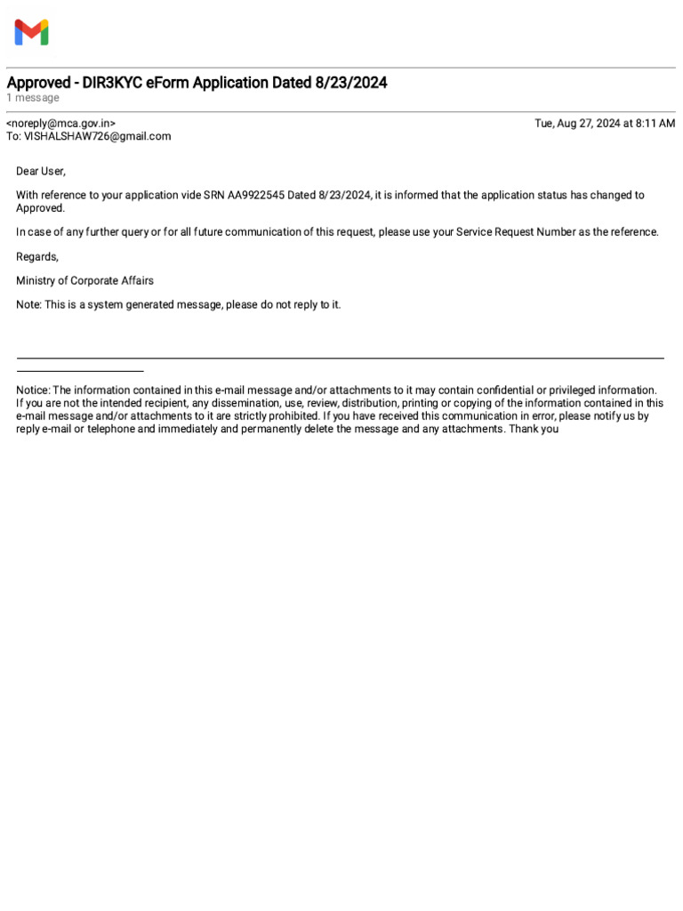 Gmail - Approved - DIR3KYC EForm Application Dated 8-23-2024 | PDF