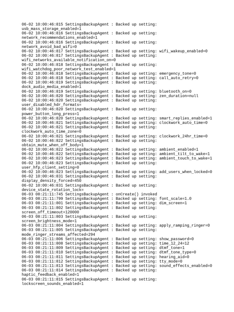 Android Settings Backup Log | PDF