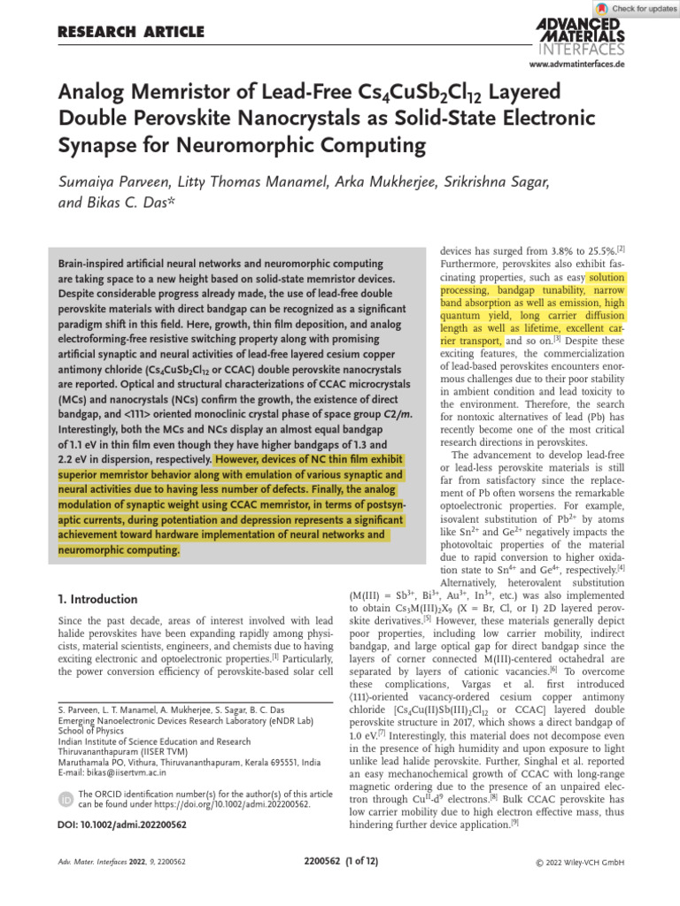 Lead-Free Memristor for Neuromorphic Computing | PDF | Chemical Synapse ...