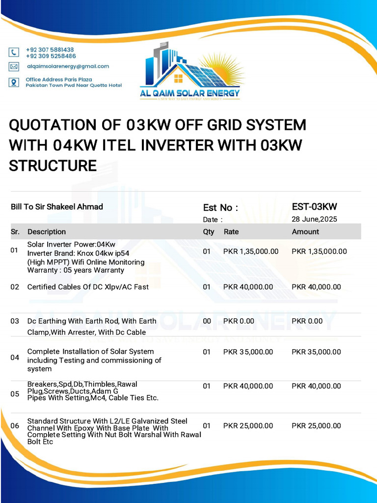 03KW Off-Grid Solar System Quotation | PDF | Power Inverter | Electric ...