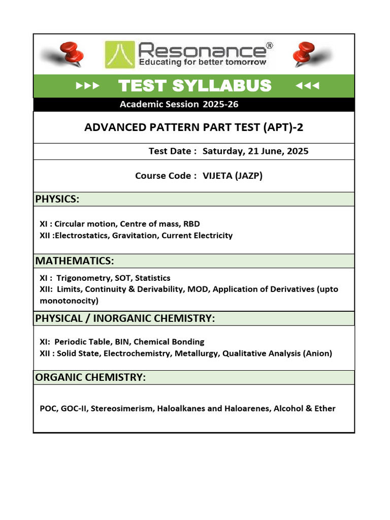 Advanced Pattern Test Syllabus 2025-26 | PDF