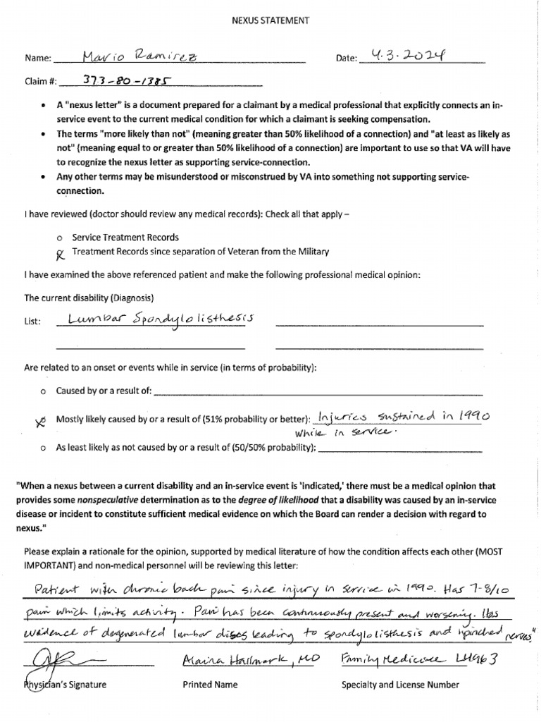 Nexus Letter for VA Claims | PDF | Diseases And Disorders | Human ...
