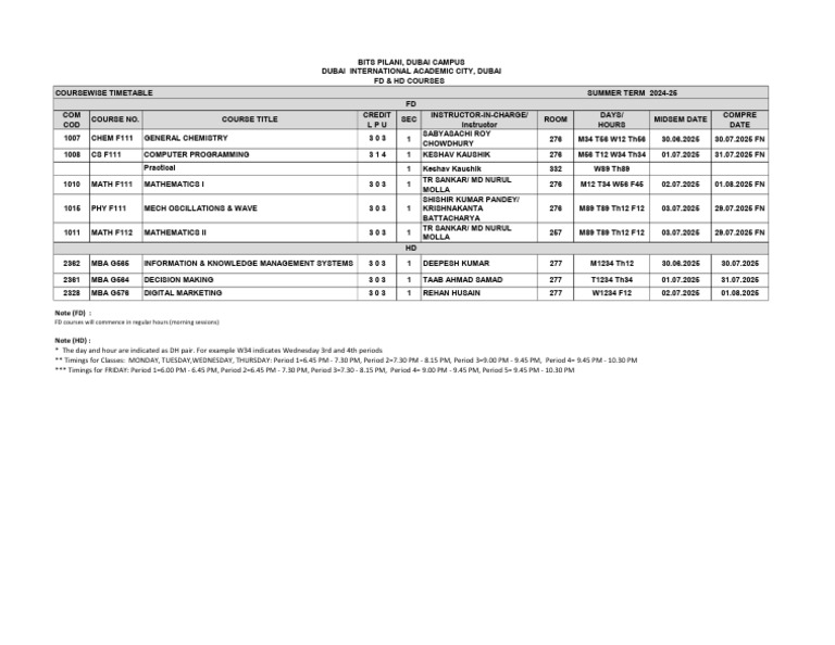 BITS Pilani Dubai Class Timetable 2024-25 | PDF