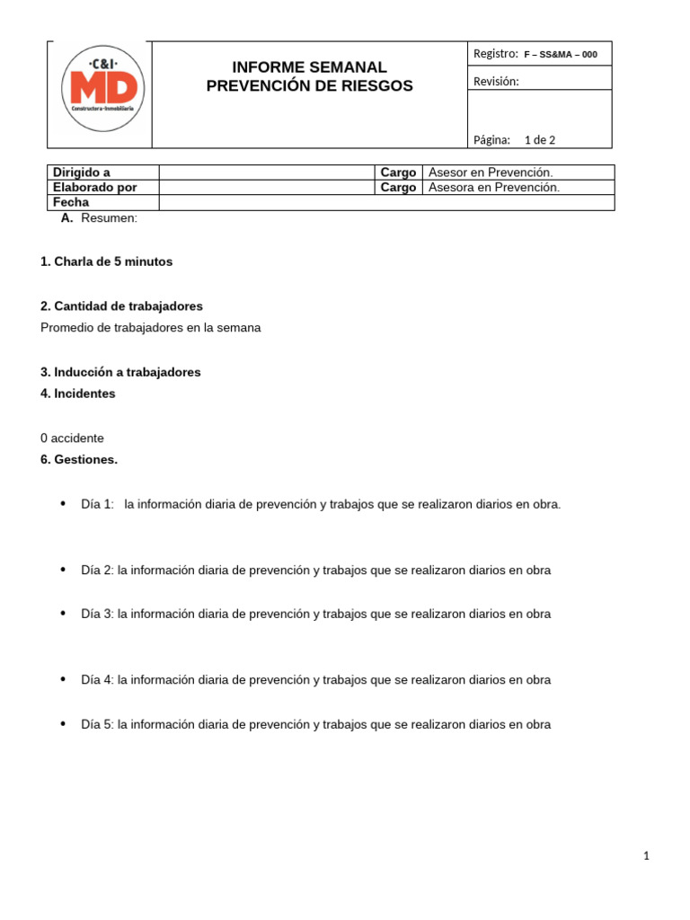 Informe Semanal de Prevención de Riesgos | PDF