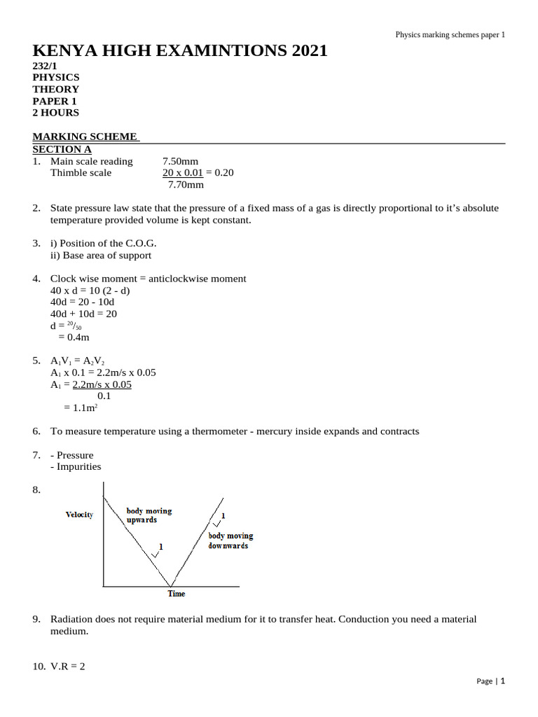 2021 Kenya Physics Paper 1 Marking Scheme | PDF | Force | Pressure