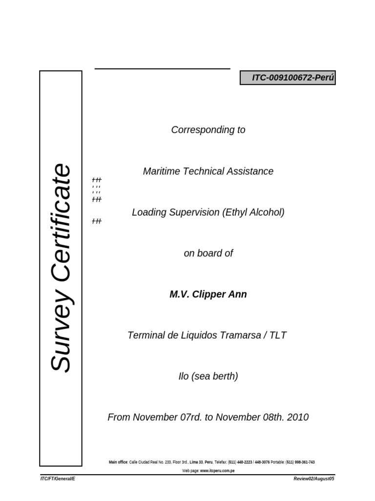 Ethyl Alcohol Loading Supervision Report | PDF | Bill Of Lading | Cargo