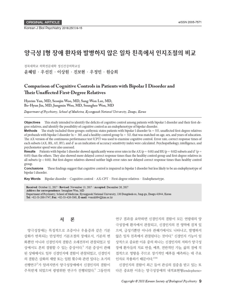 Comparison of Cognitive Controls in Patients With Bipolar I Disorder ...
