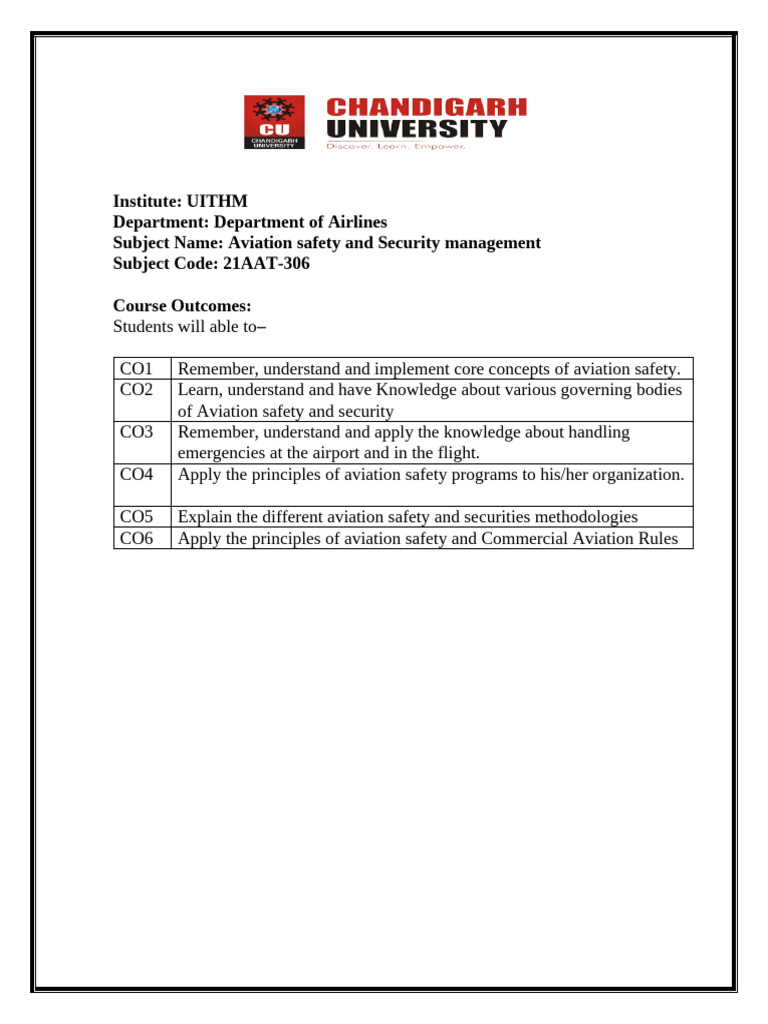 Aviation Safety Management Course Outline | PDF